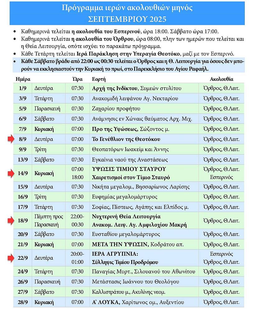 Πρόγραμμα ακολουθιών Σεπτεμβρίου 2025